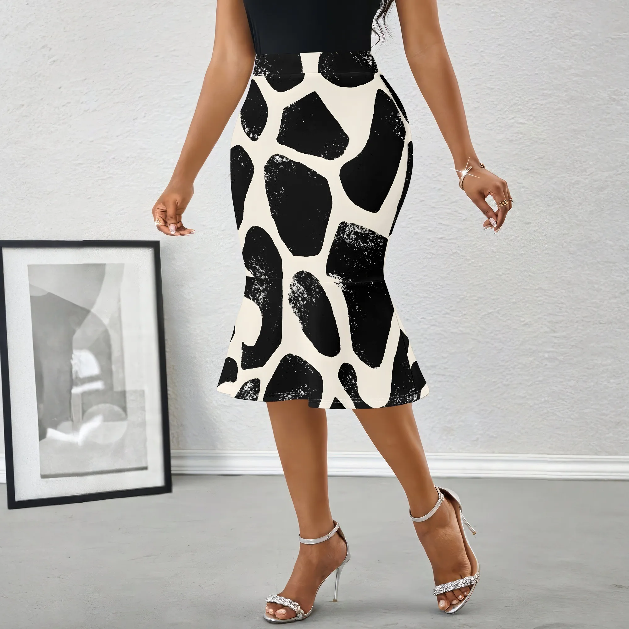Cow Print Midi Skirt, Black White Pattern Pencil Skirt, Vintage Animal Print A-Line Skirt for Women Office Party Wear, S-2XL