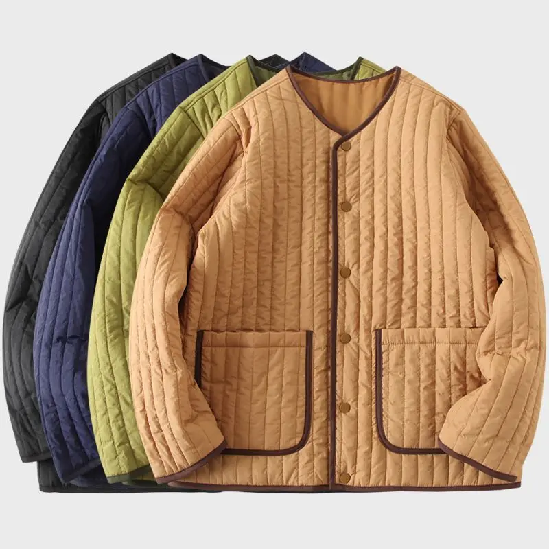 

Autumn Winter Chinese Style Collarless Cotton Padded Jacket Men Retro Trendy Lightweight Reversible Parkas for Men and Women