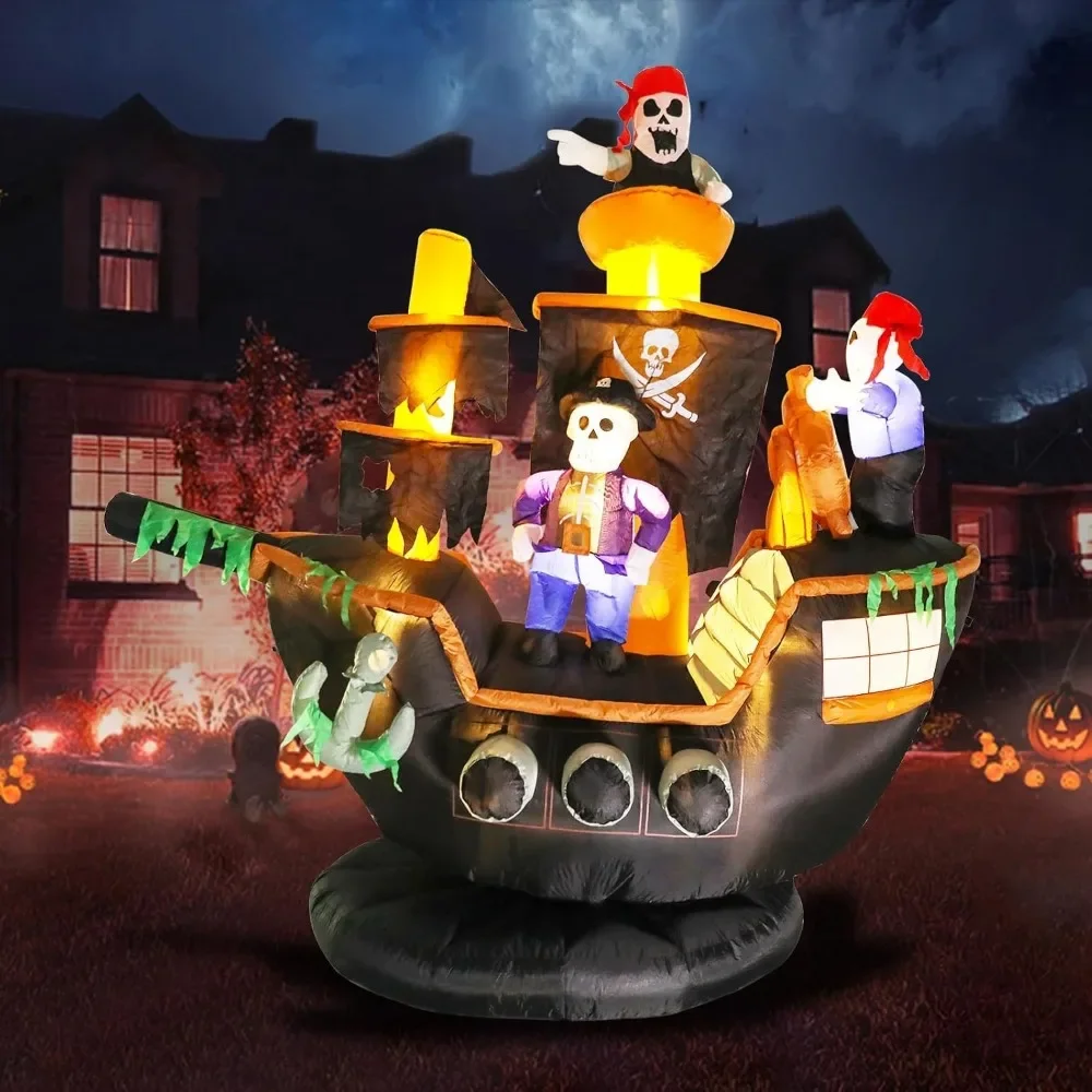 Halloween Inflatables Pirate Ship - Giant 7FT Skeletons Ghosts on Pirate Ship Halloween Blow Up Yard Decorations with LED Lights