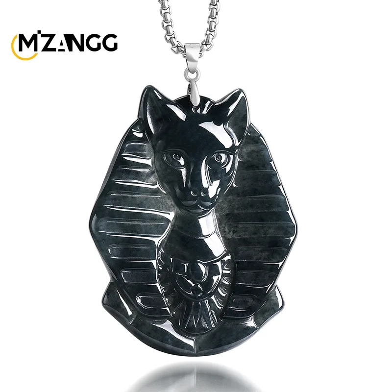 Natural A-grade Jadeite Egyptian Cat God Bast Pendant Hip-hop Style Black Chicken Breed Jade Necklace Men and Women Festive Gift