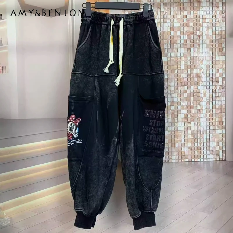 

Trendy Brand Autumn Fleece-Lined Slacks Heavy Industry Wash Cartoon Loose Slimming Casual Jogger Harem Pants Versatile Trousers