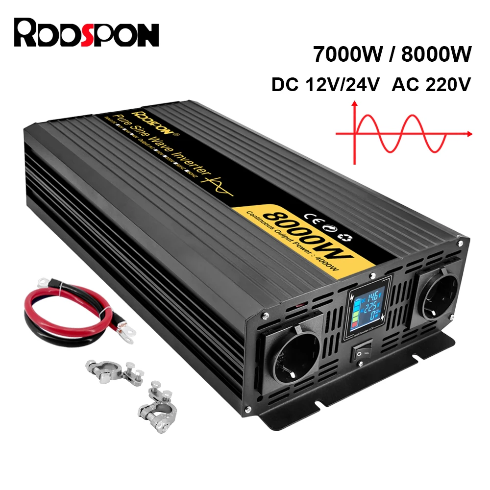 

RDDSPON 7000W 8000W Pure Sine Wave Inverter EU Socket DC 12V 24V To AC 220V 50Hz 60Hz Voltage Converter Solar Power Car Inverter