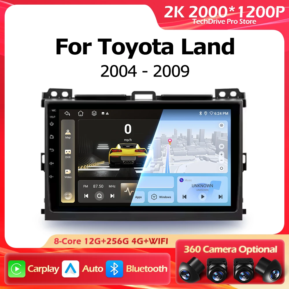 

Автомагнитола Android 16 с Bluetooth для Toyota Land Cruiser Prado 120 (2004-2009) — мультимедийный видеоплеер, навигация GPS, Auto Carplay