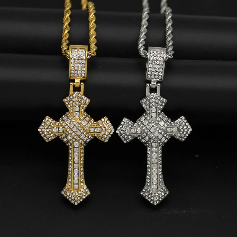 

10 стилей: ожерелья с крестами из нержавеющей стали в стиле хип-хоп, инкрустированные стразами, для мужчин, рэперские украшения, золотой и серебряный цвета
