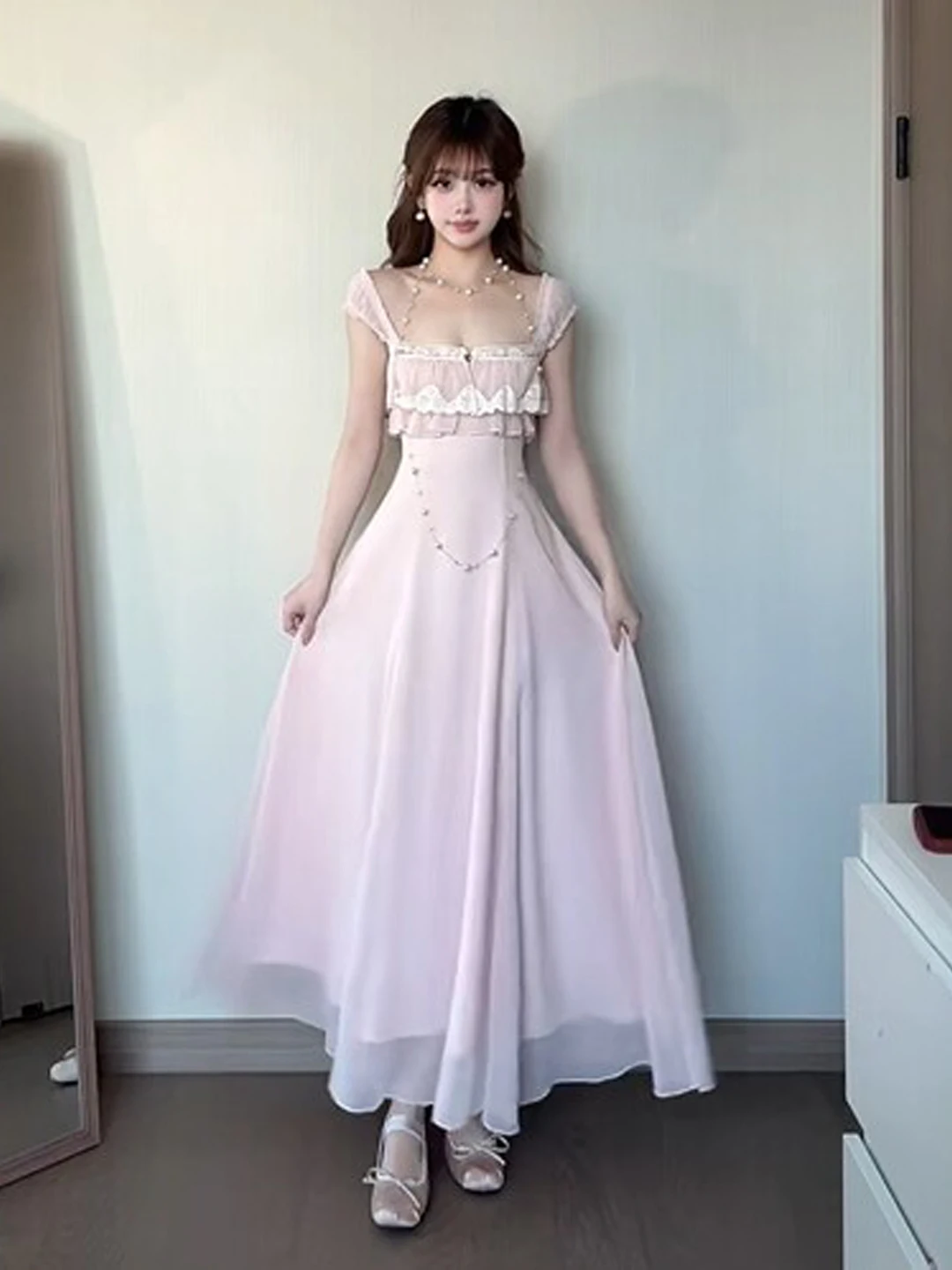 

Slimming Effectiveness Waist-Cinching Fit Dress Gentle Style Summer New Trend Dress Lace Splicing Pure Color Spring Cotton