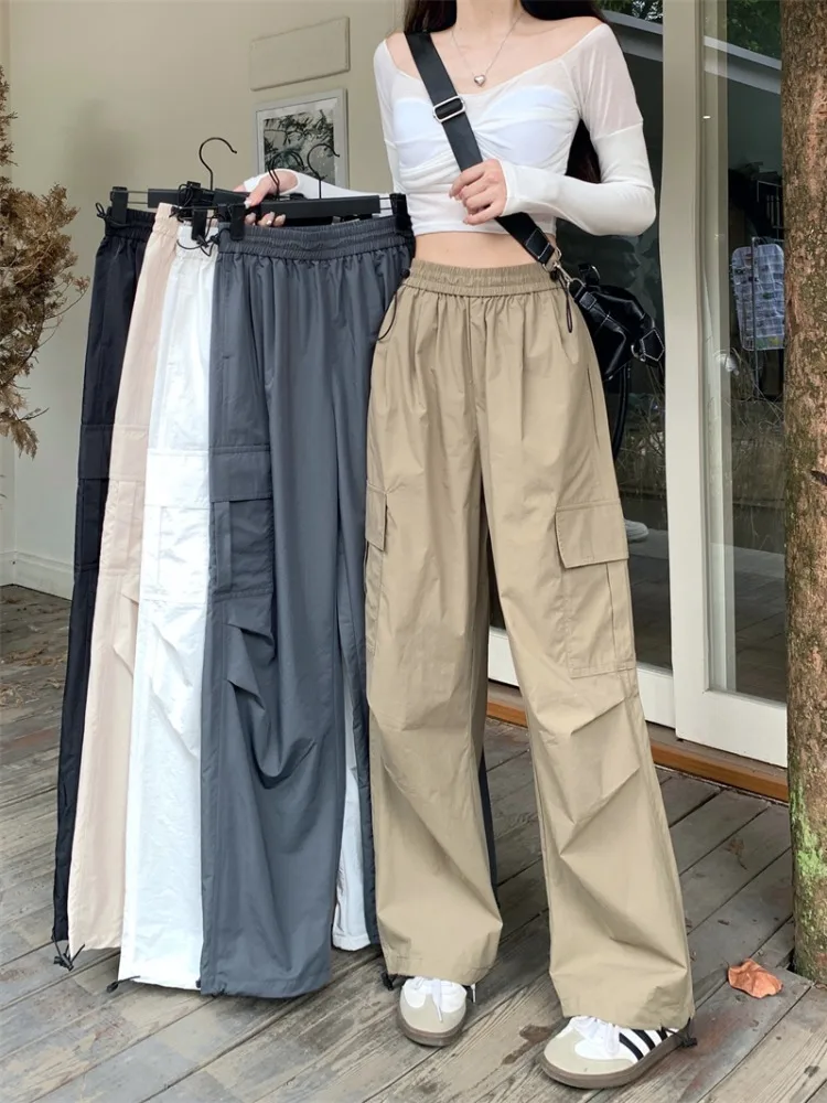 

Y2K Street Wear Cargo Pants for Women Korean Harajuku Fashion Work Trousers Solid Wide Leg Straight Casual Pant