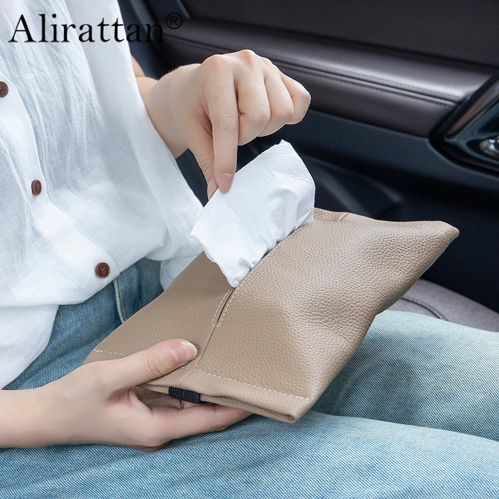 Alirattan 2025 New RReal Leather Car Tissue Bag Drawstring Box Multifunctional Tissue Storage Bag Soft Leather Tissue Bag