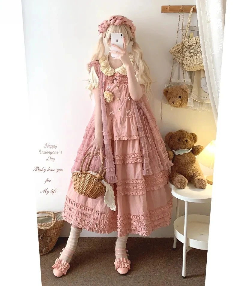 

Spring and Summer New Sweet Girls Fungus Lace Cotton Loose Dress High Waist Slim Fit Solid Color Sleeveless Long Dresses