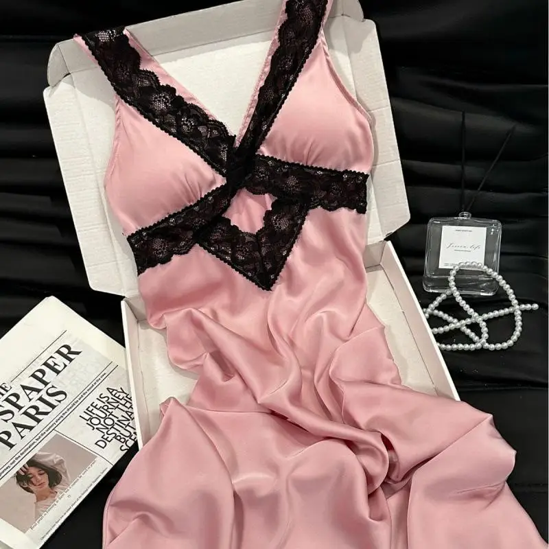 

Women Long Nightdress Satin Sleepwear Sexy V-Neck Home Dressing Gown Lingerie Lace Patchwork Homewear Pajamas Sleepshirt