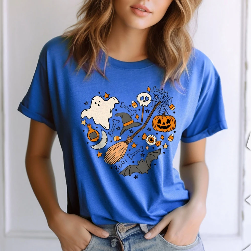 Cute Halloween Ghost Graphic Tee Outfit Oversized High Quality Cotton Top Crew Neck Pullover Clothing Y2k Women Short Sleeve