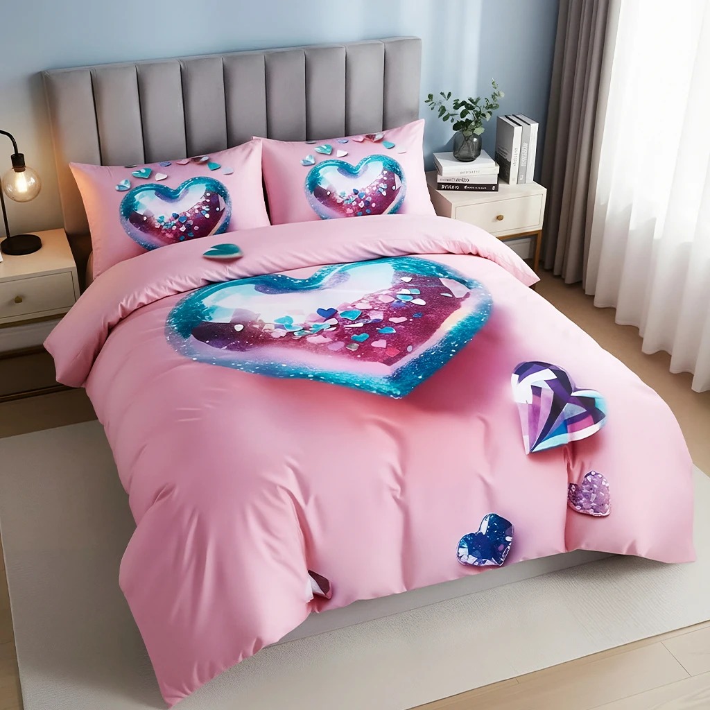 Ensemble de literie trois pièces rose avec des motifs de cœurs, de perles et de diamants, impression haute définition, confortable pour les couples, les familles et les étudiants, comprenant deux taies d'oreiller et une housse de couette.