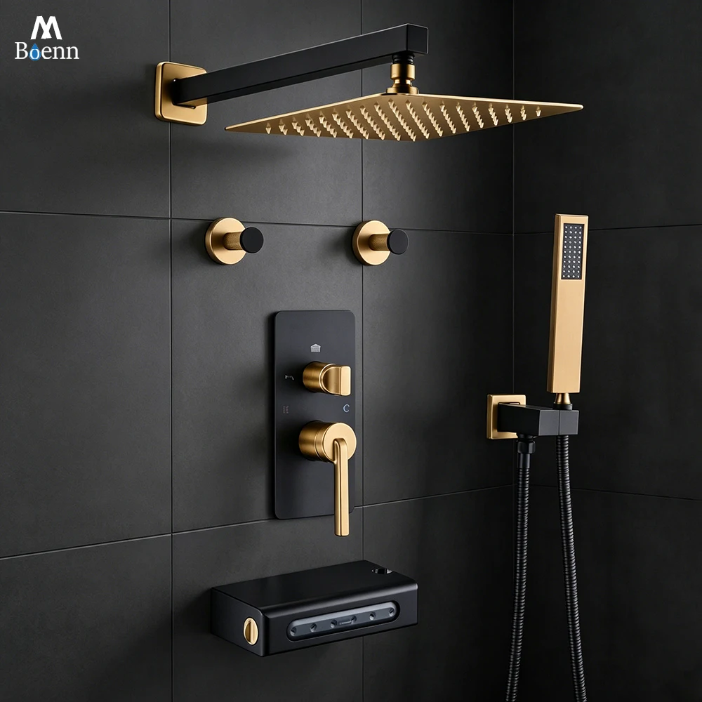 

Душевой набор M Boenn Black Gold, 3 функции, система горячего и холодного душа, смеситель для ванной, душевая система с эффектом тропического дождя, латунь