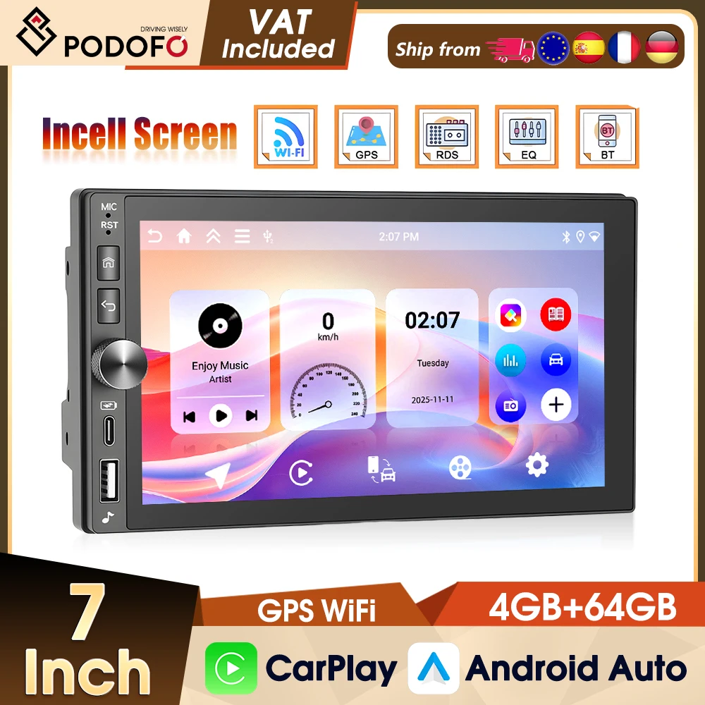 Podofo 4+64G 2Din Universal-Autoradio mit Incell-Bildschirm, Mirrorlink, Carplay, Android Auto, GPS, WLAN, 4G, FM/RDS