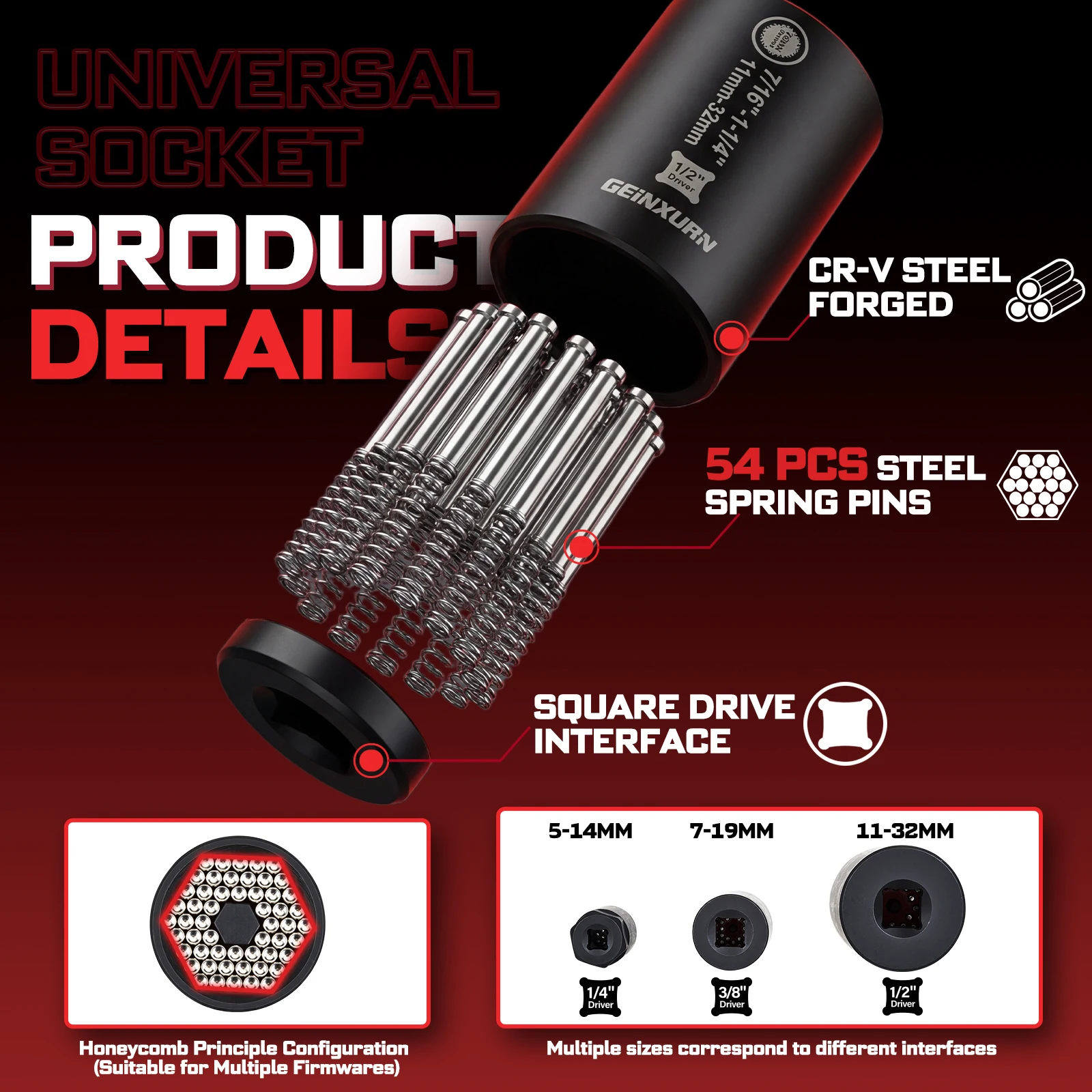 Geinxurn Universal Socket Set, CR-V Steel Honeycomb Design, Fits All Shapes & Sizes, Portable Repair Tool Kit for Repair