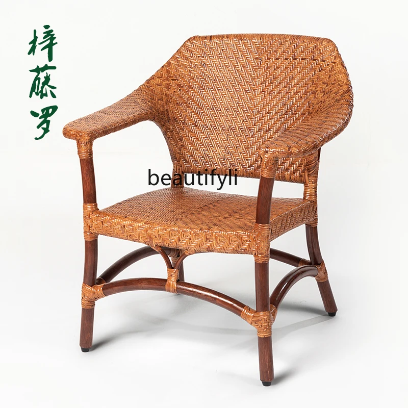 Natural Elderly Rattan Chair Woven Armchair Single Home Leisure Balcony Desk Chair