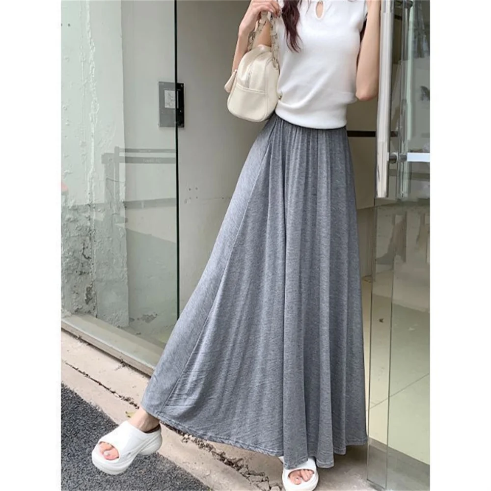 Korean Pleated Ruffles Design Maxi Long Skirt Spring Summer 2026 Soft Skirts Modal Women's Gray Skirt High Waist A-line Skirt