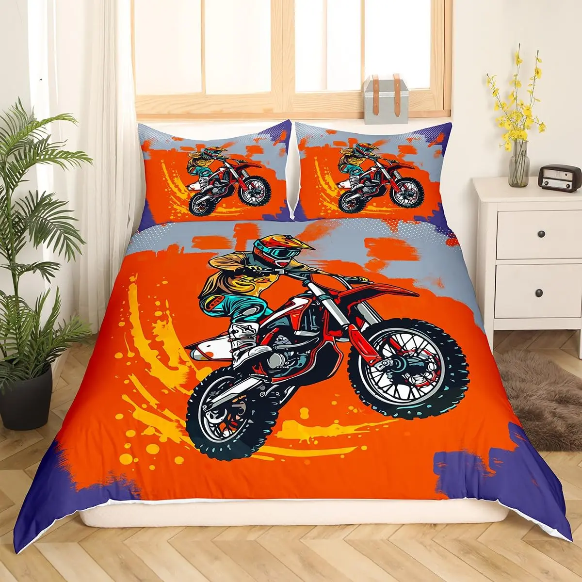 Dirt Bike Duvet Cover Twin Motocross Rider Comforter Cover Extreme Sports Bedding Set Cool Motorbike Bedding Set for Boys Adults