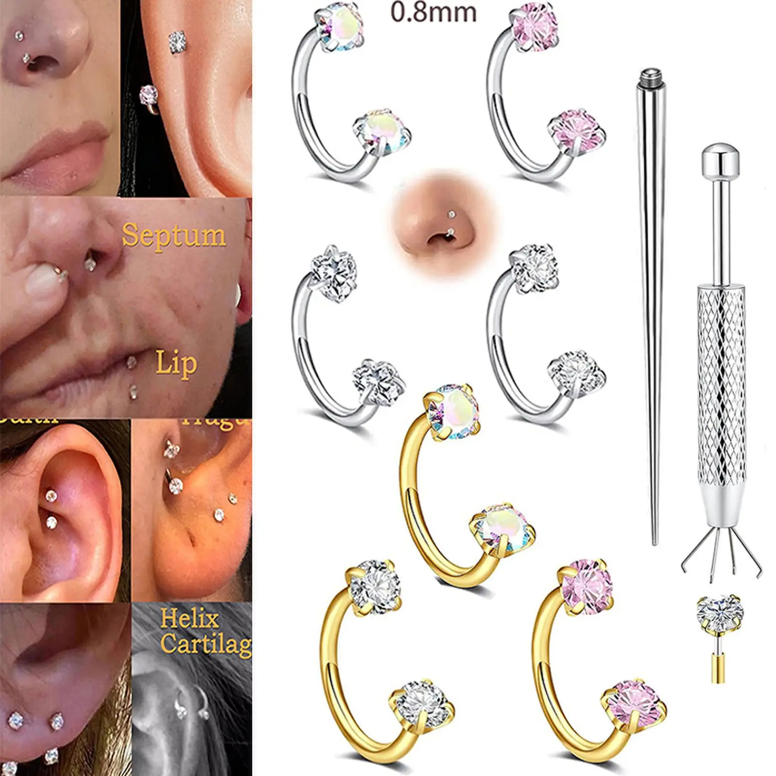 Stainless Steel 20G 0.8mm 8mm Horseshoe Nose Ring Crystal Inlaid Hoops Hypoallergenic Piercing Jewelry for Cartilage Lip