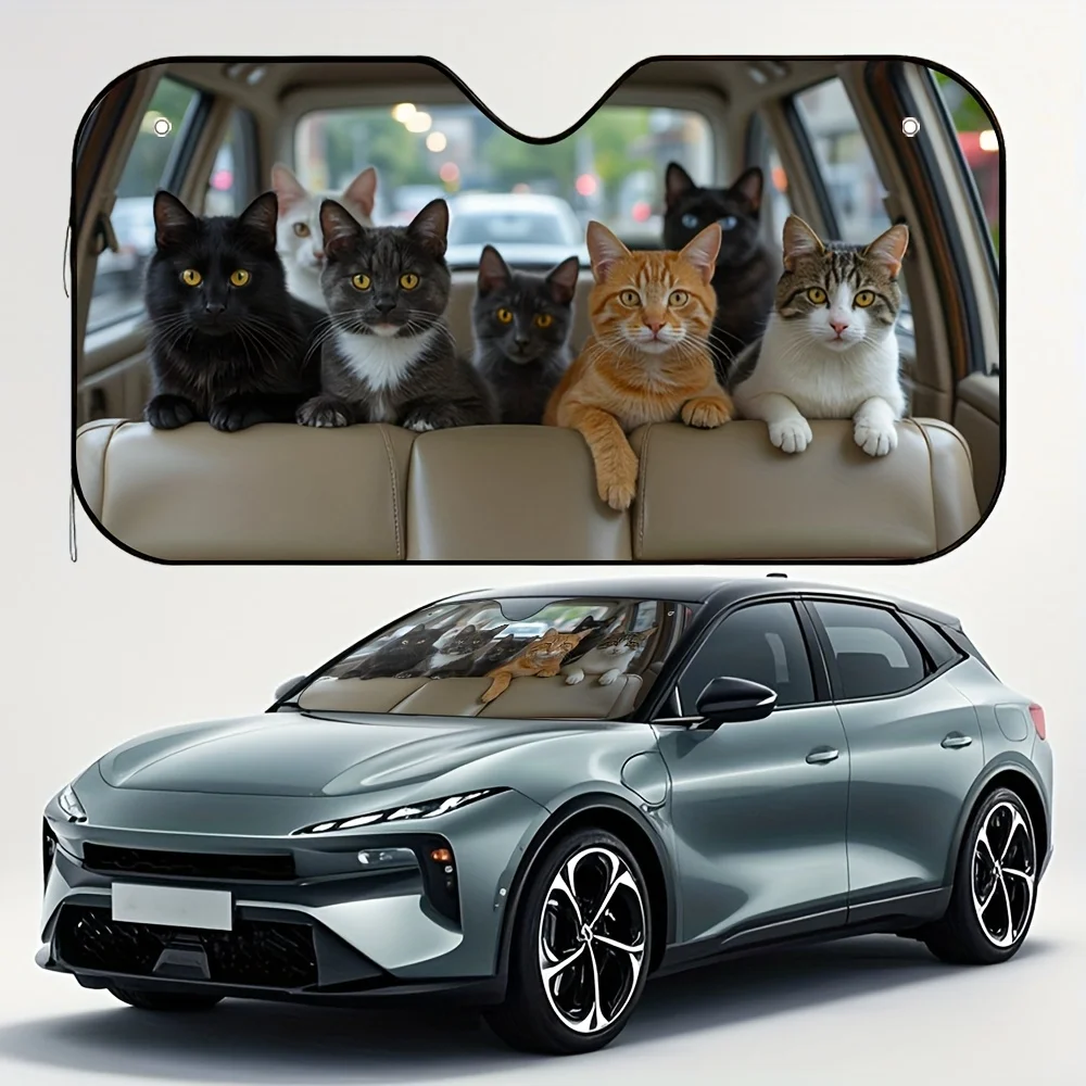 1pc Carpool Cats Car Sun Visor - Whimsical Cat Design Sunshade With 6 Adorable Cats (3 Black & 3 Tabby), Fit For Most Vehicles,