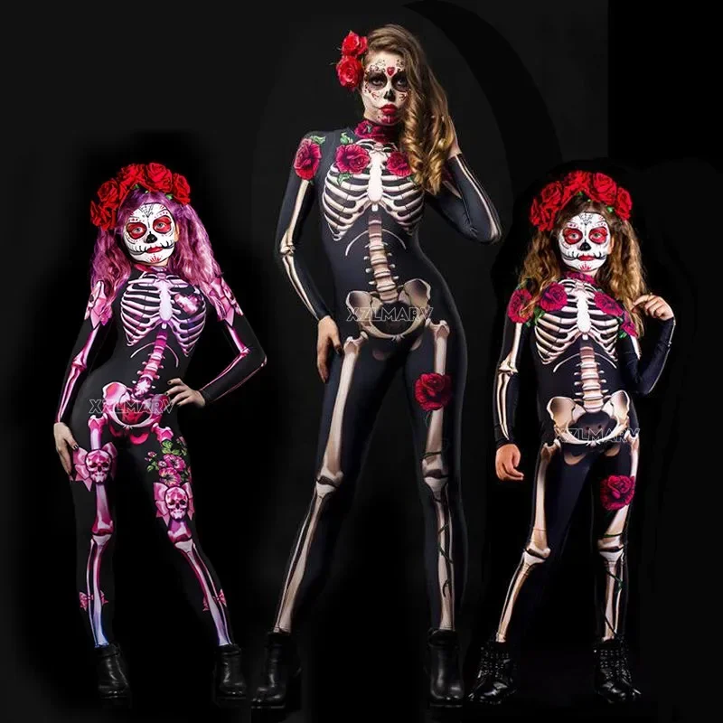 Sexy devil jumpsuit kids newborn carnival party day of the dead Adult Women Sexy Scary Phantom Pink Costume Pink Skeleton Hallow