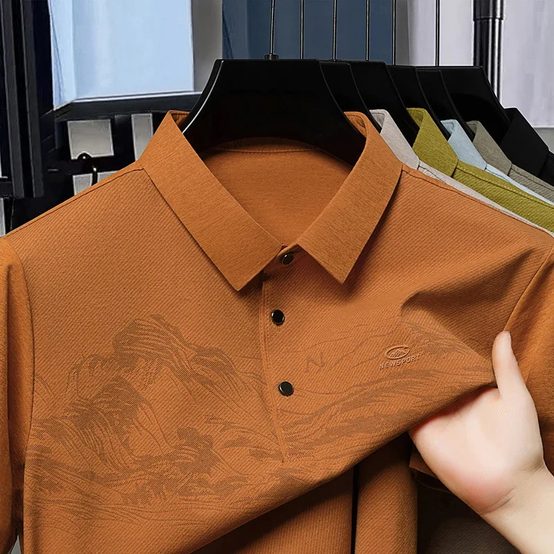

2025 Short Sleeved T-shirt Men's Summer Outfit New Ice Silk Elastic Lapel Half Sleeved Shirt Men's Polo Shirt