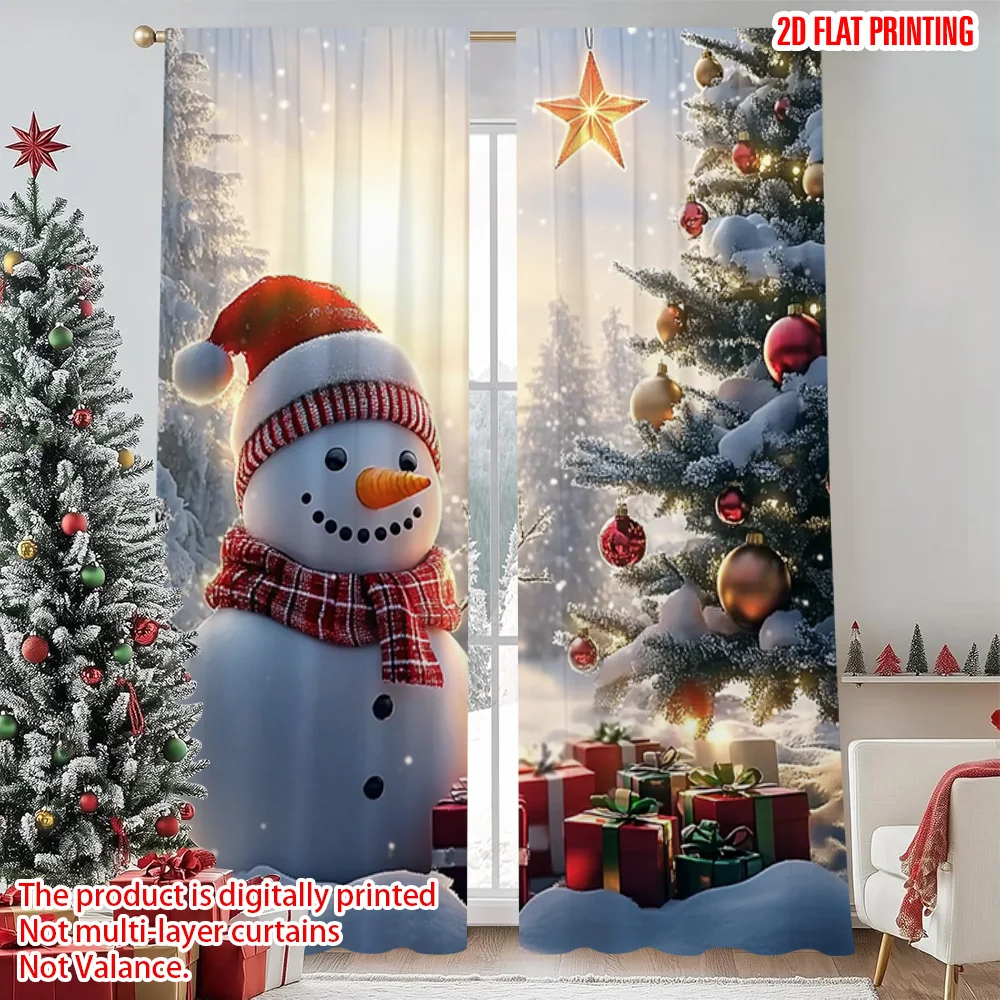 

2pcs 2D flat printing Merry Christmas Popular Curtains Charming snowman with Christmas tree 100% Polyester Without Electricity