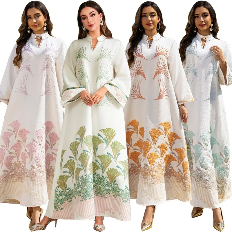 

Tribal Dress Jacquard Kaftan Long Sleeve V Neck Dresses Embroidered Beaded Trim Maxi Dress White Base Pink Embroidery Gown