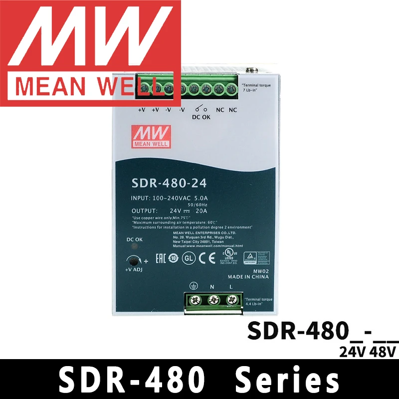 Mean Well SDR-480/480P-24/48 meanwell AC/DC 24V/48V 480W Single Output Industrial DIN Rail with PFC Function Power Supply