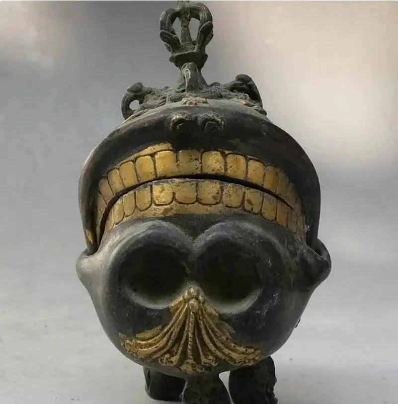 Tibet Bronze Gild Phurba Skeleton Skull Head 3 Leg Statue Incense Burner Censer