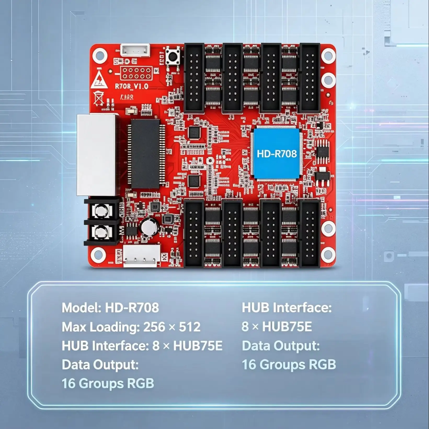 LED Screen Asynchronous Control Receiver Board HD‑R708 | 8×HUB75E Port Full‑Color Display Receiving Card