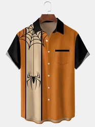 New Men's Funky Halloween Spider Shirts Splicing Casual Front Buttons Soft Breathable Chest Pocket Ahola Shirts