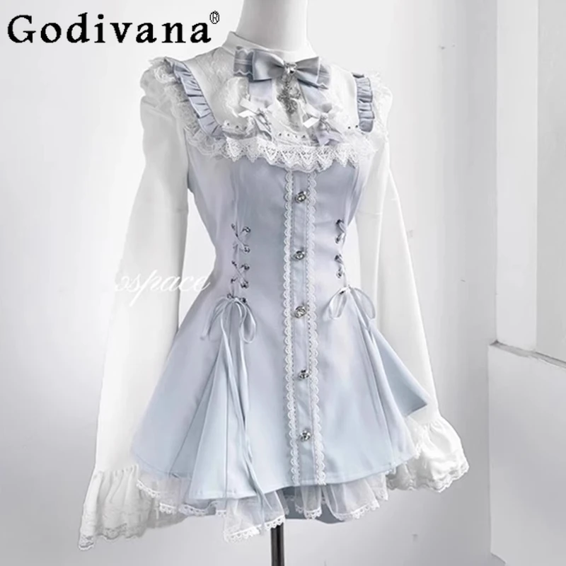 

Summer Gothic Mass Produced Set Women Lace Bell Sleeve Shorts Outfits Female Autumn Lolita Bow Shirt Slimming Sweet Suits
