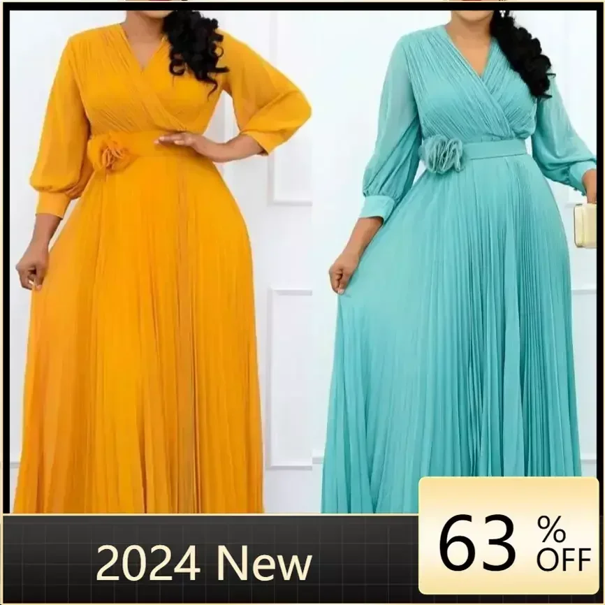 African Dress For Women Chiffon Maxi Dress African Clothes Robe Vintage Yellow Deep V Neck High Waist Pleated Party Dress Female