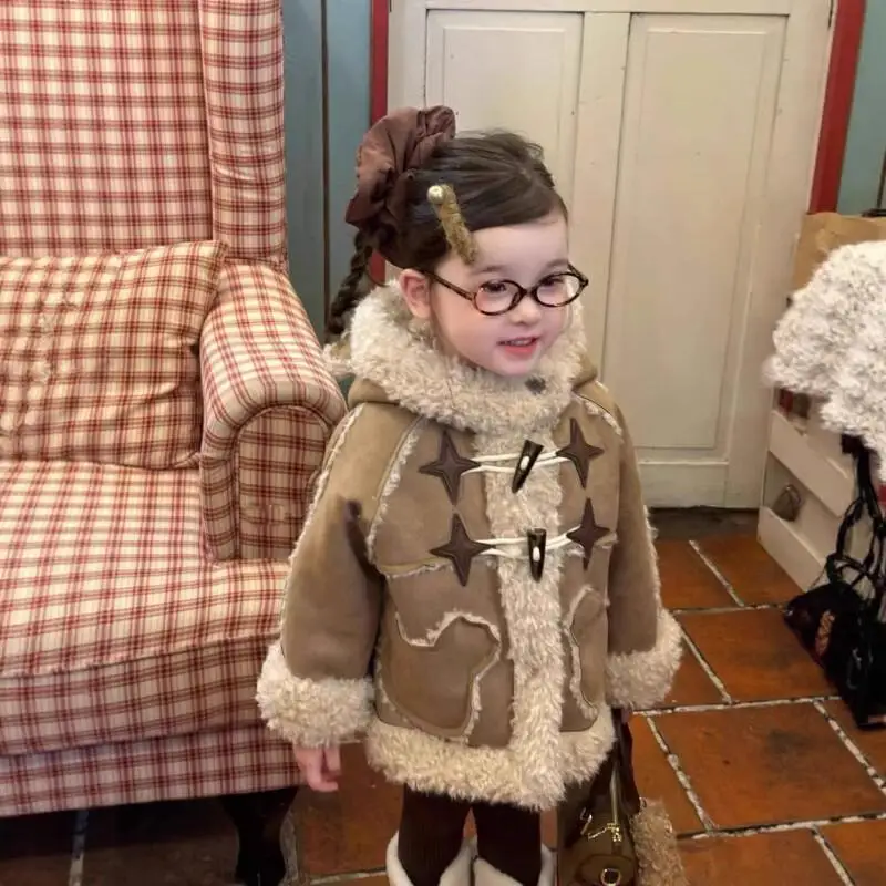 

2025 Girls Autumn Winter Warmth Coat Plaid Overcoat Hooded Jacket Thicken New Fashion Horn Button Tops Korean Style Kids Clothes