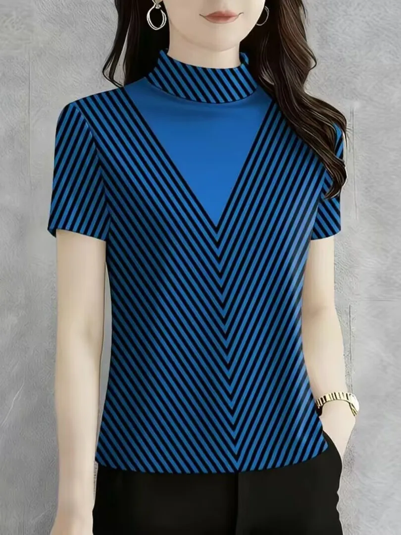 Fashionable Printed High Collar Short Sleeve T-Shirt Women's Base Layer Top Spring New Style Casual Fit Universal Size