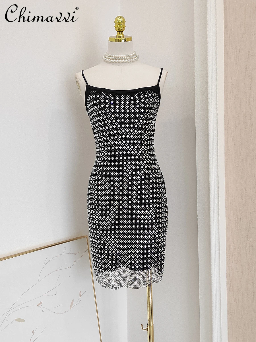 

Summer 2024 French Style Sexy Socialite Rhinestone Hollow Cut High Waist Slim Fit Sheath Club Party Black Sling Dress For Women