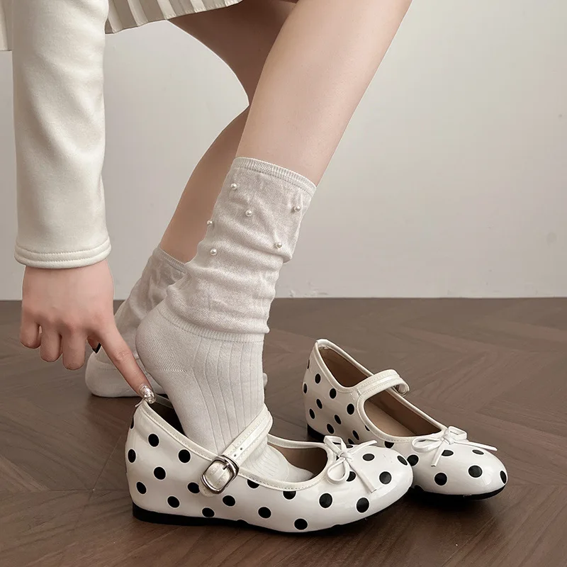 

Нежные женские туфли-балетки в горошек в стиле Sweet Girl, весна 2026, новые, с бантом, на мягкой подошве, Мэри Джейн, лоферы со скрытой танкеткой