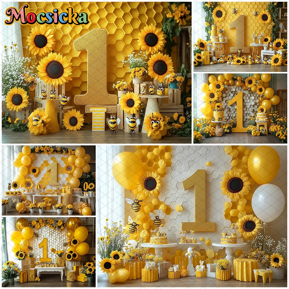 

Mocsicka Birthday Party Backdrop Spring Yellow Sunflower Bee Flower Honeycomb Wall Decorations Cake Crush Photography Background