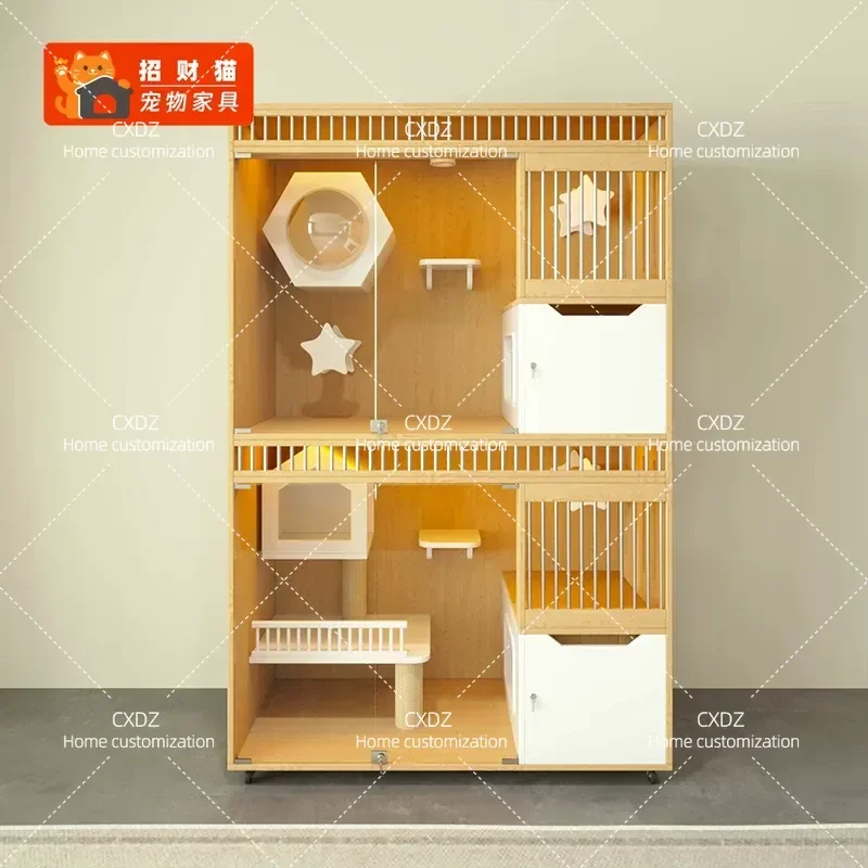 Solid Wood Cat Cage Custom Pet Cabinet Double Layer Style Pet Store Foster Cat Villa Two Tier Breeding Cage Display Cabinet