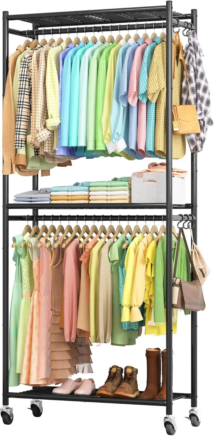Multi-Functional Metal Garment Rack with Shelves, Wheels & Hooks - Sturdy Clothes Organizer for Bedroom, Laundry, Balcony