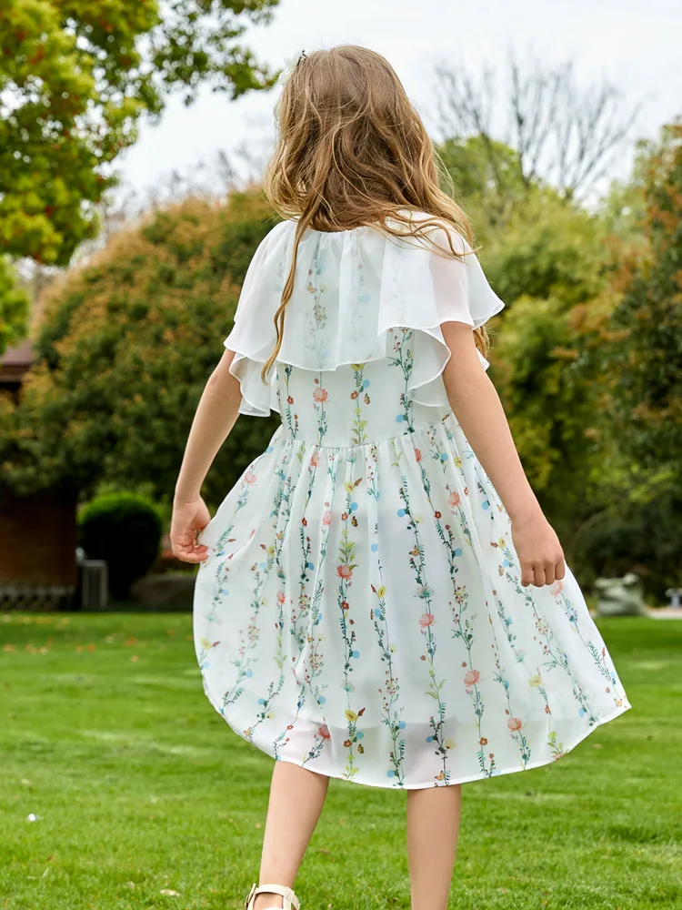 Girls Dresses Summer Floral Printed Ruffled White Princess Dresses