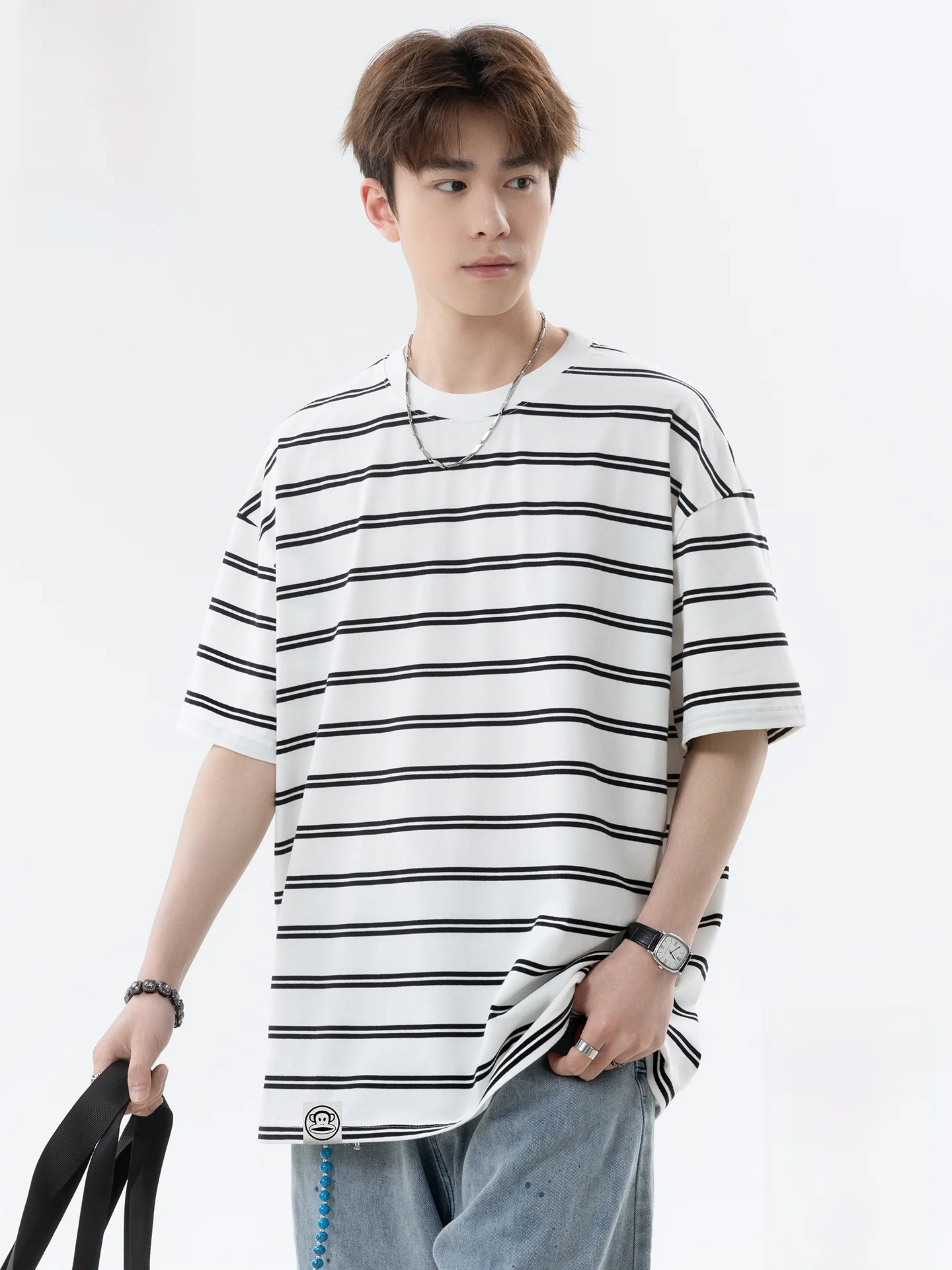 

PaulFrank M Stripe T-irt ort Sve American Retro Base irt Summer Breathable Loose Fit round Ne Youth Faion