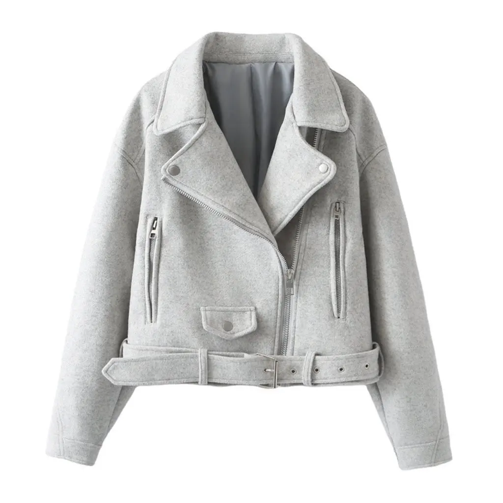 

Women's European American Style Sweet Cool Solid Color Woolen Jacket Coat Autumn Winter New Casual Motorcycle Collar Tooling