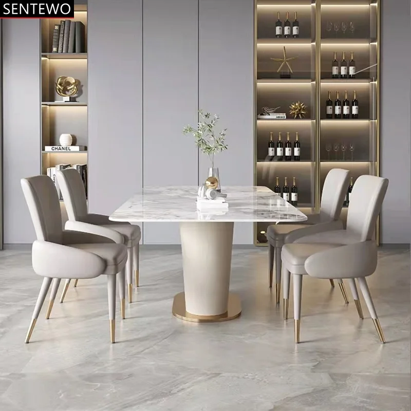 SENTEWO Free Shipping Nordic Luxury Rock Slab Dining Table Set 6 Chairs Stainless Steel With Leather Gold Frame Kitchen Table