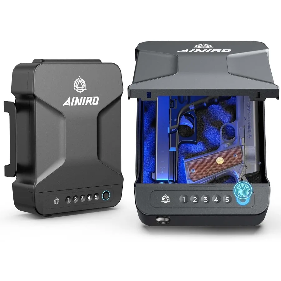 

Сейф для пистолета, небольшой биометрический сейф для оружия со встроенной ручкой, ящик для хранения пистолетов с отпечатком пальца, кодовой панелью и ключом для разблокировки