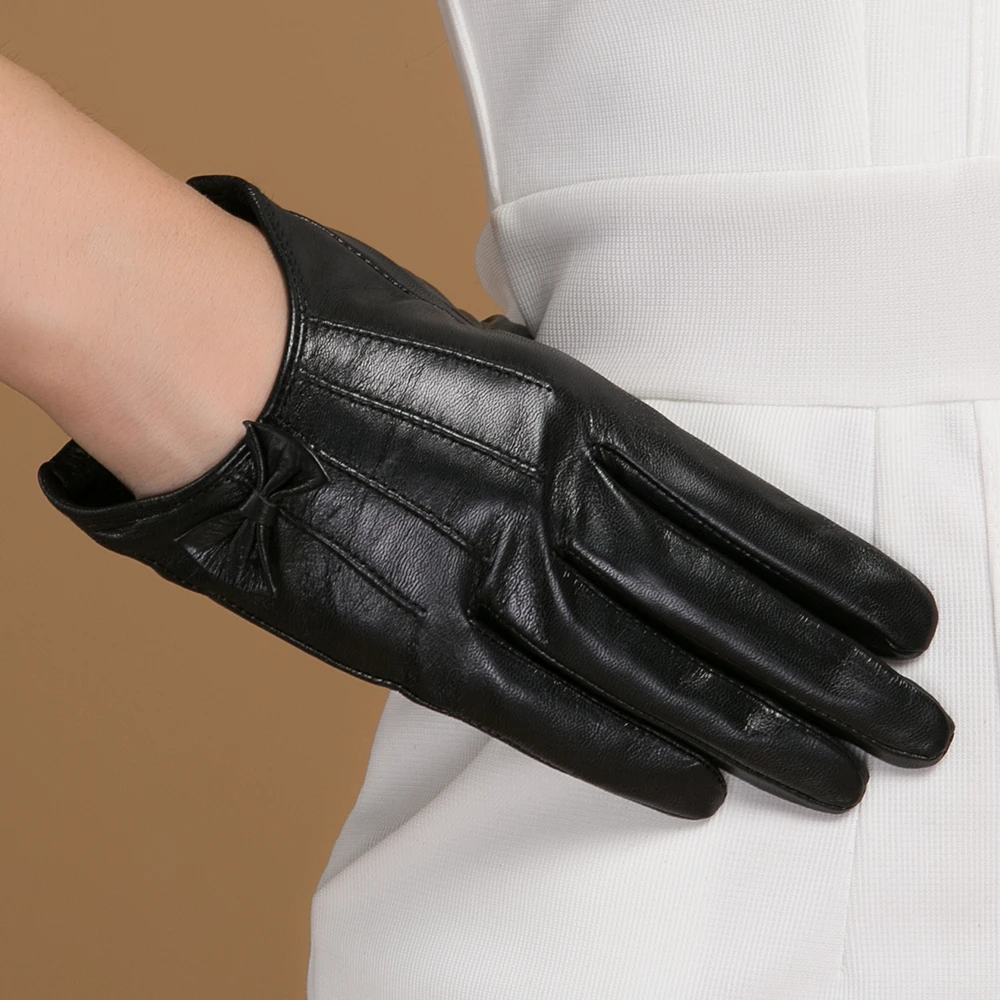 GOURS – gants d\'hiver en cuir véritable pour femme, doublure fine et chaude, avec nœud papillon, pour la conduite, GSL047