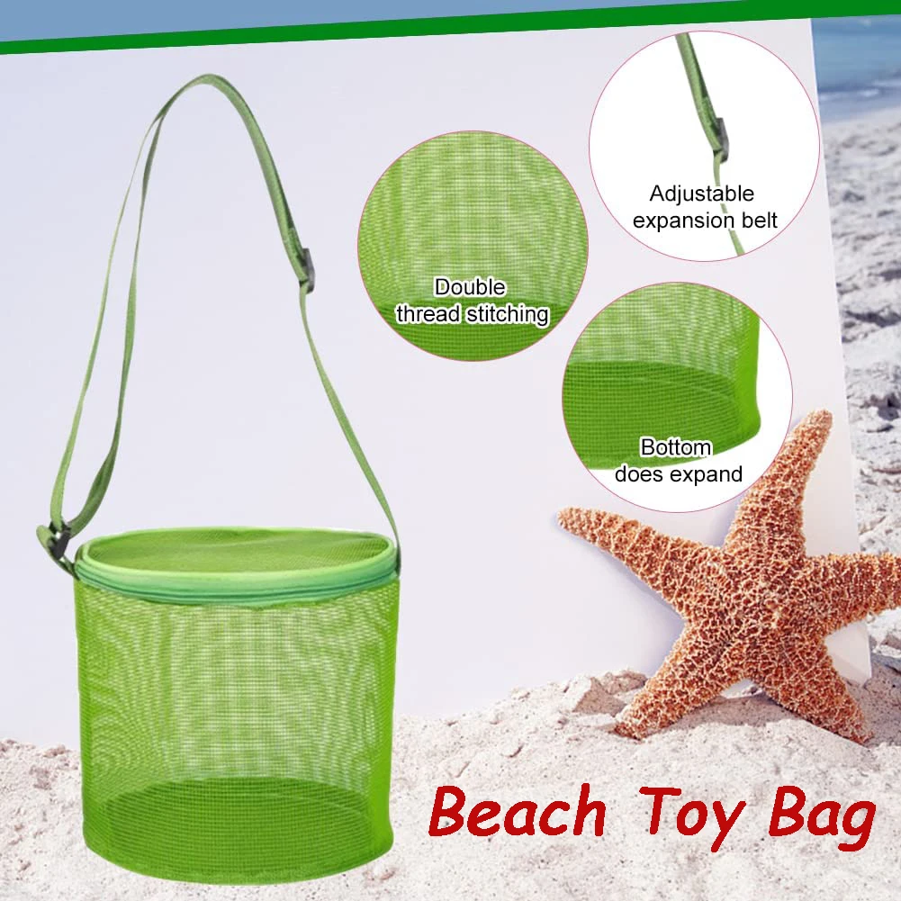 

Mesh Beach Bag for Kids Toy Organizer Net Zipper Adjustable Shoulder Strap Storage Pouch Child Shell Collecting Bag Round Bucket