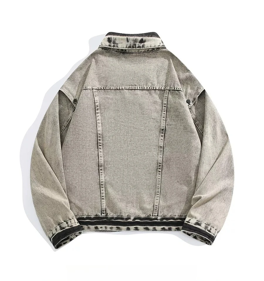 Spring Autumn New Amercian Retro Washed Gothic Letter Print Denim Jacket Casual Loose Button Up Streetwear Coat for Men