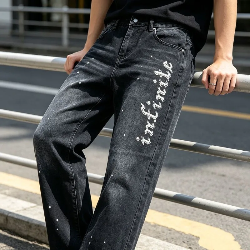 Men Y2K Black Wash Letter Printed Paint Splatter Wide Leg Jeans Retro Loose Denim Trousers Streetwear