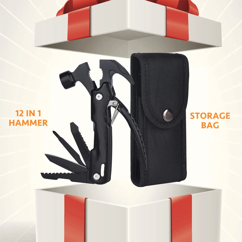Presentes de Natal, equipamento de camping, martelo multifuncional 12 em 1.